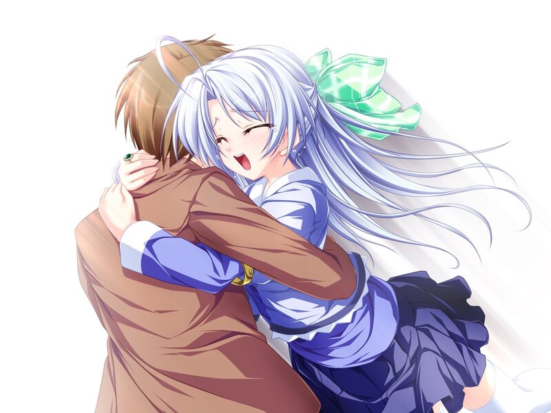 Silver-haired Girl Hugging Boy — White, Affectionate, Anime