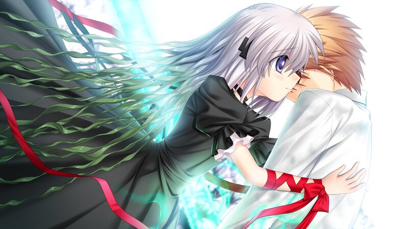 Silver-haired Girl Hugging Boy — White, Dramatic
