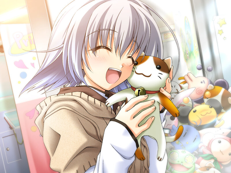 Silver-haired Girl Hugging Cat