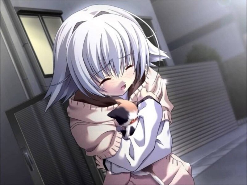 Silver-haired Girl Hugging Cat — White