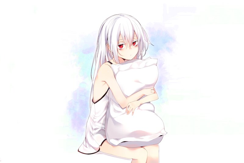Silver-haired Girl Hugging Pillow — White