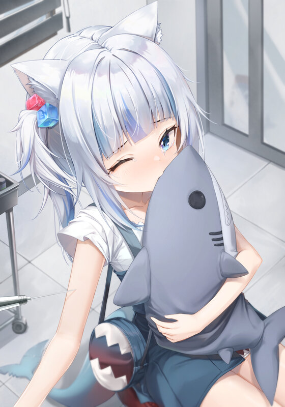 Silver-haired Girl Hugging Shark