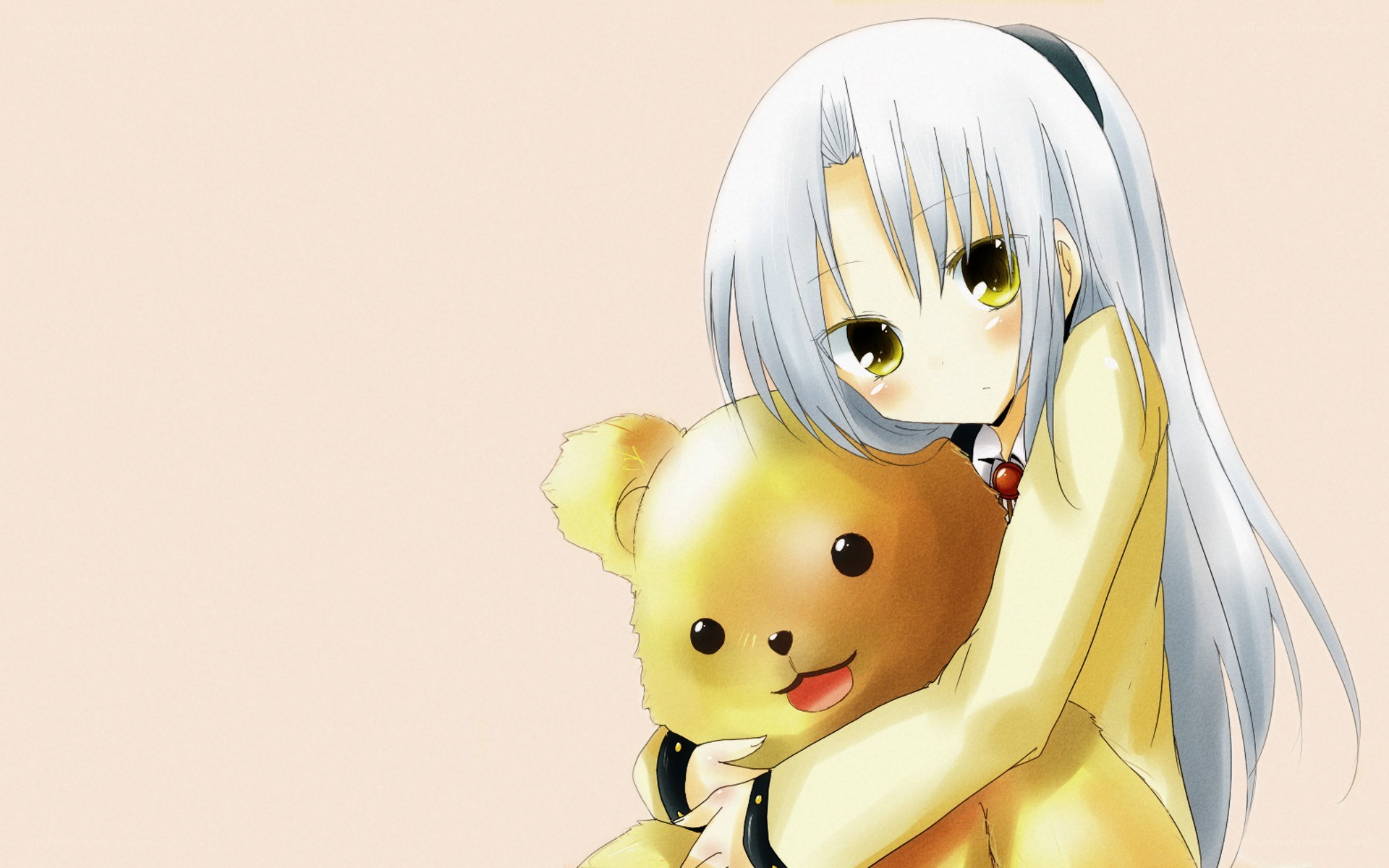 silver-haired girl hugging teddy bear