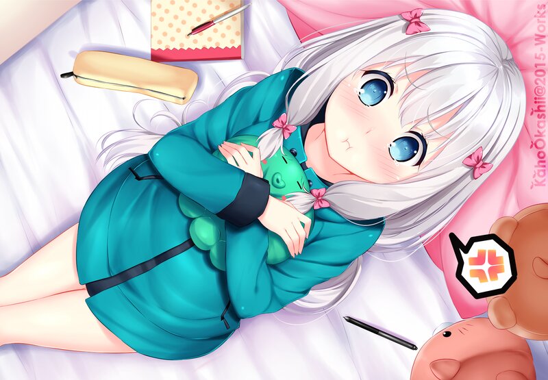 Silver-haired Girl Hugging Toy — White