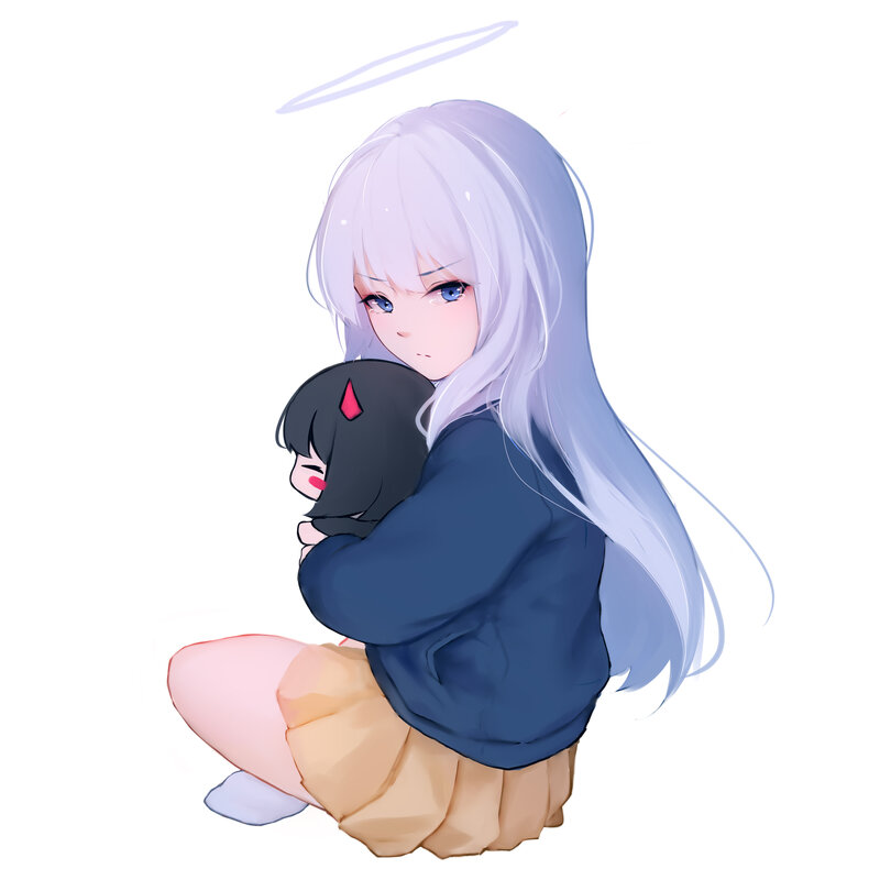 Silver-haired Girl Hugging — White, Calm