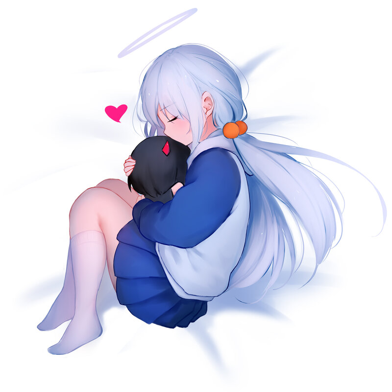 Silver-haired Girl Hugging — White, Peaceful