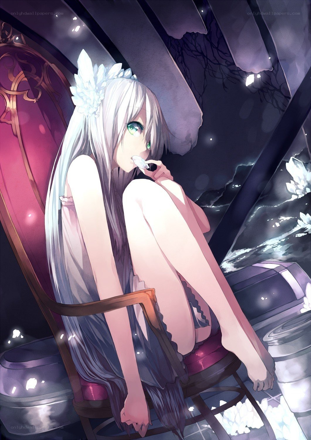 silver-haired girl in a chair