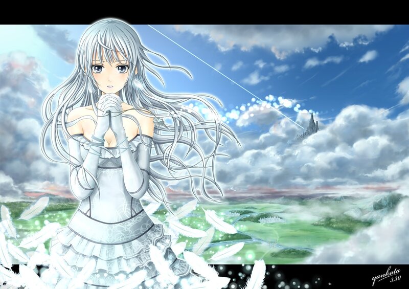 silver-haired girl in a fantasy landscape