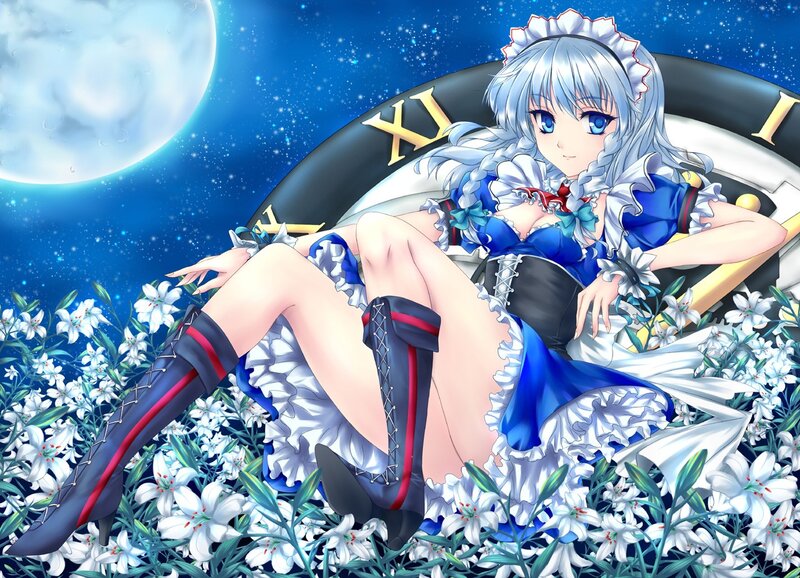 Silver-haired girl in a flower field