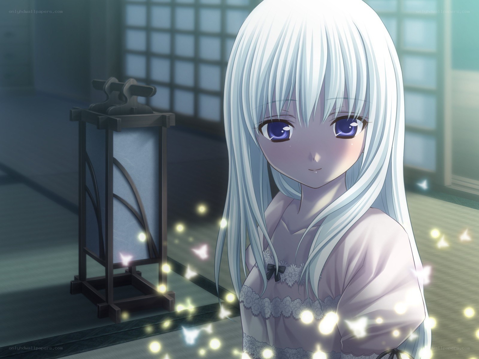 silver-haired girl in a lantern room
