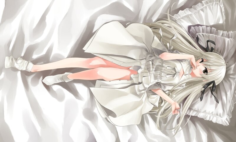 Silver-haired Girl in Bed — White, Peaceful