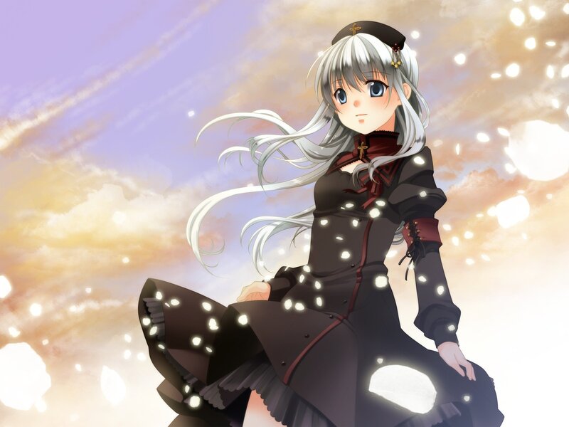 silver-haired girl in black dress