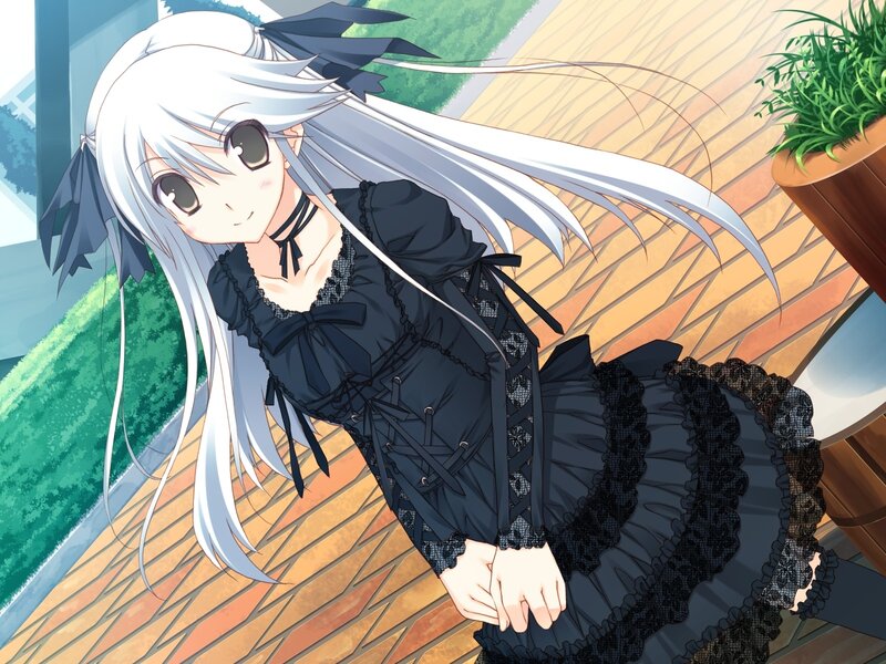 silver-haired girl in black dress