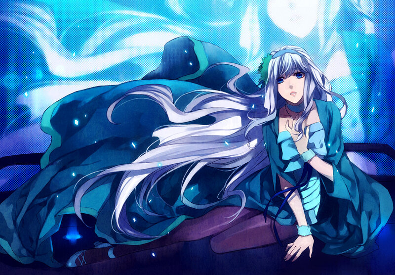 silver-haired girl in blue cloak