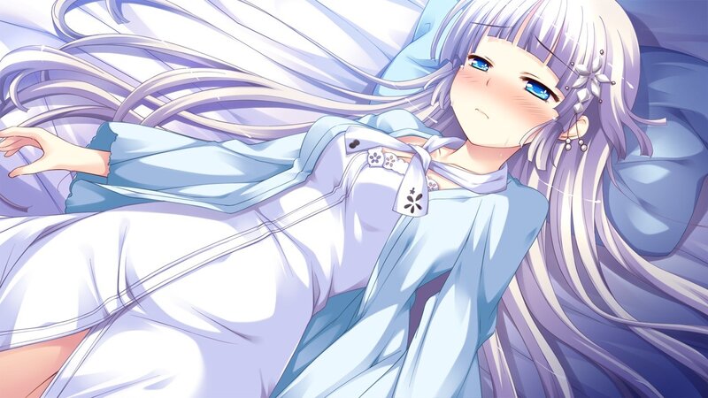 silver-haired girl in blue dress