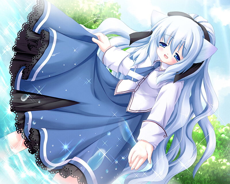 silver-haired girl in blue dress