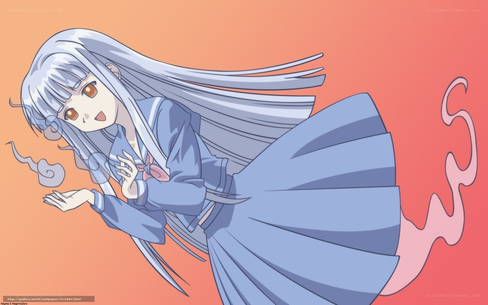 silver-haired girl in blue dress