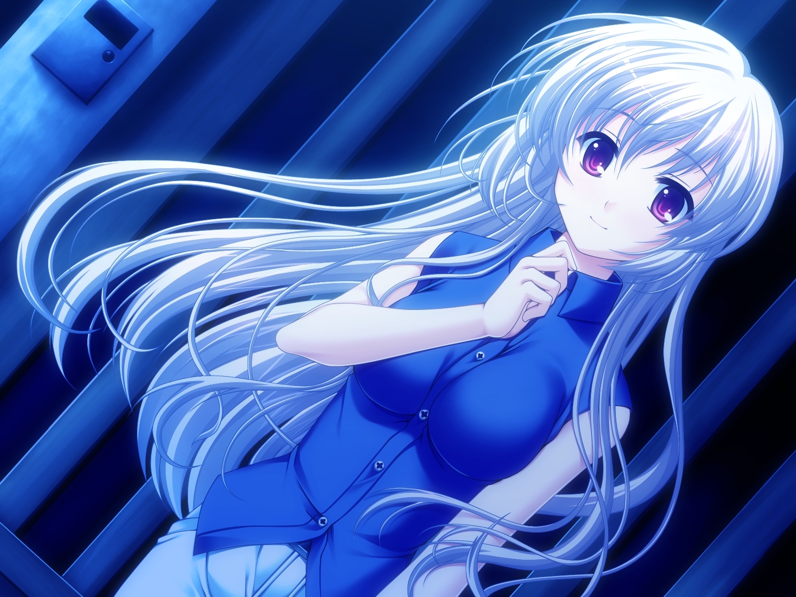 silver-haired girl in blue