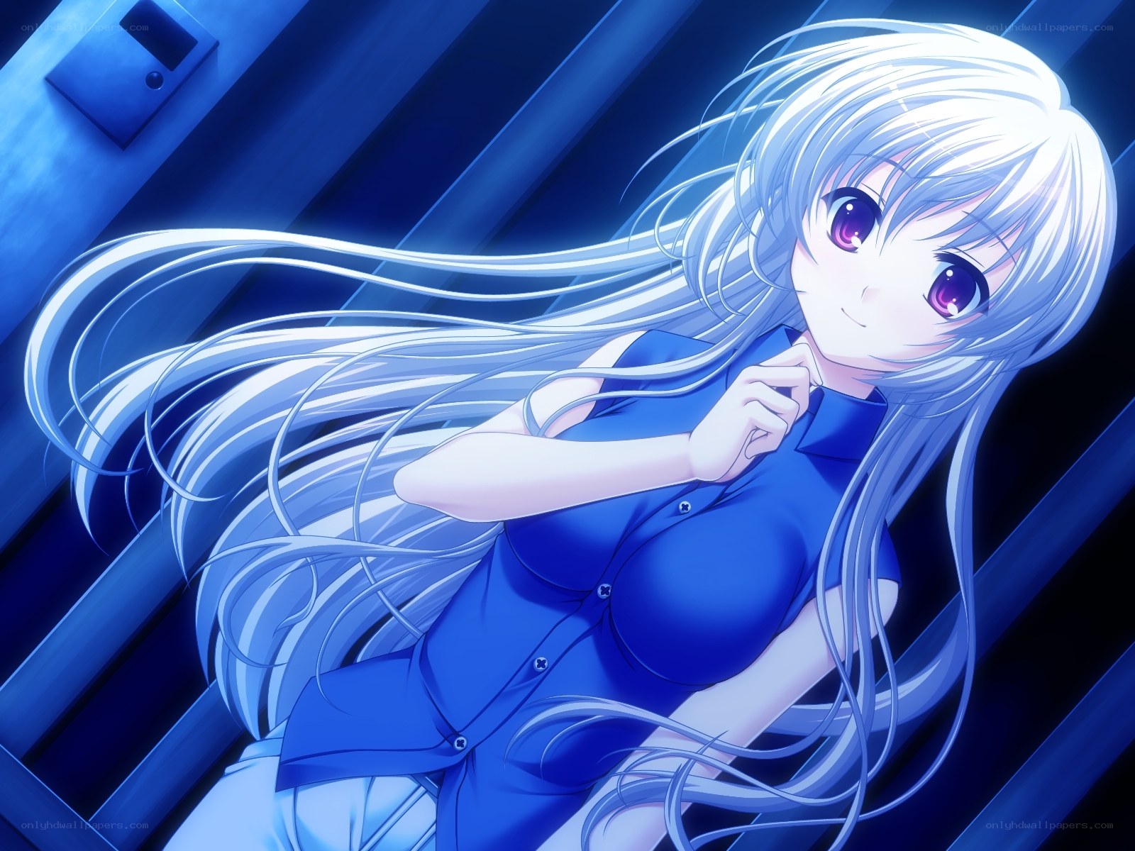 silver-haired girl in blue