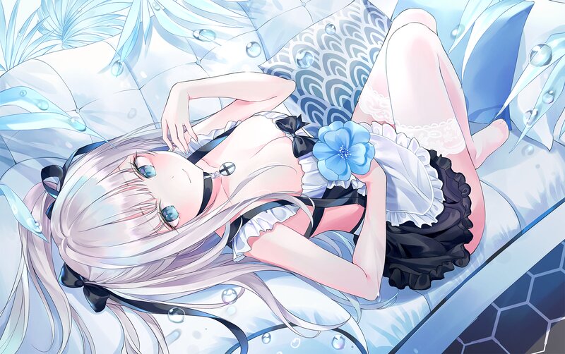 Silver-haired Girl in Dress — Blue, Calm, Anime, Flower