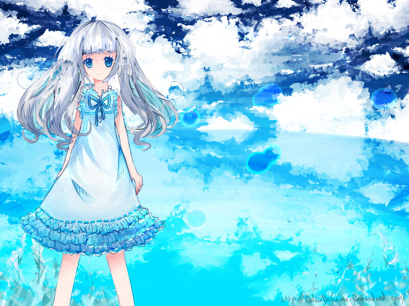 Silver-haired Girl in Dress — Blue, Serene, Digital Art