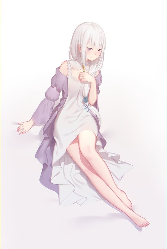 Silver-haired Girl in Dress — White, Serene, Digital Art