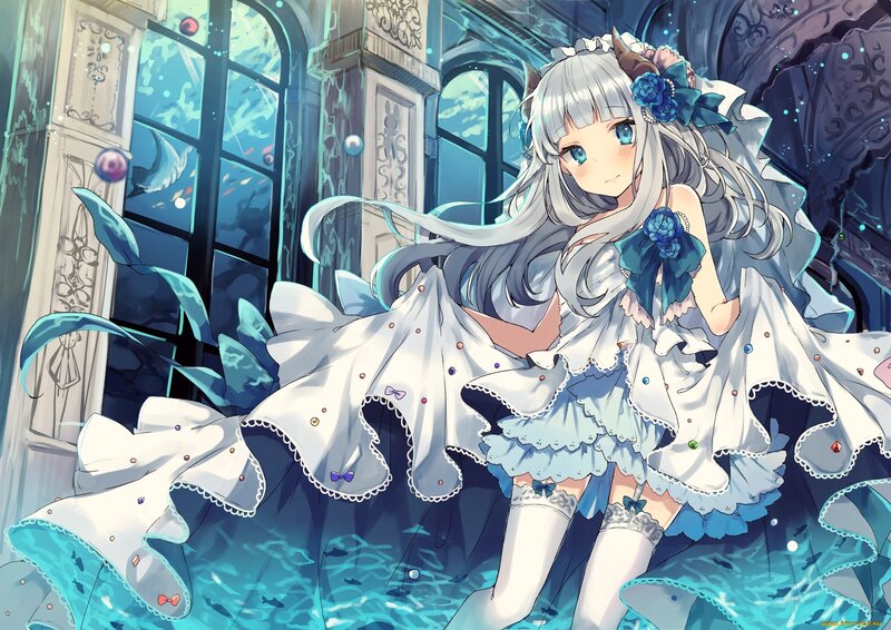Silver-haired Girl in Dress — White, Serene, Night, Anime