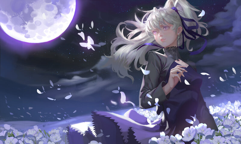 Silver-haired Girl in Field — Purple