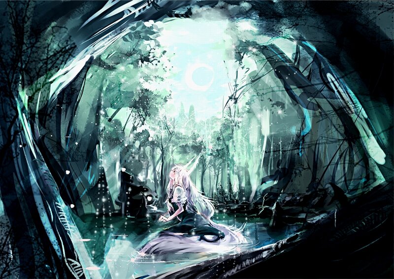 Silver-haired Girl in Forest — Green, Serene, Night