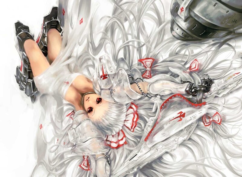 silver-haired girl in futuristic armor