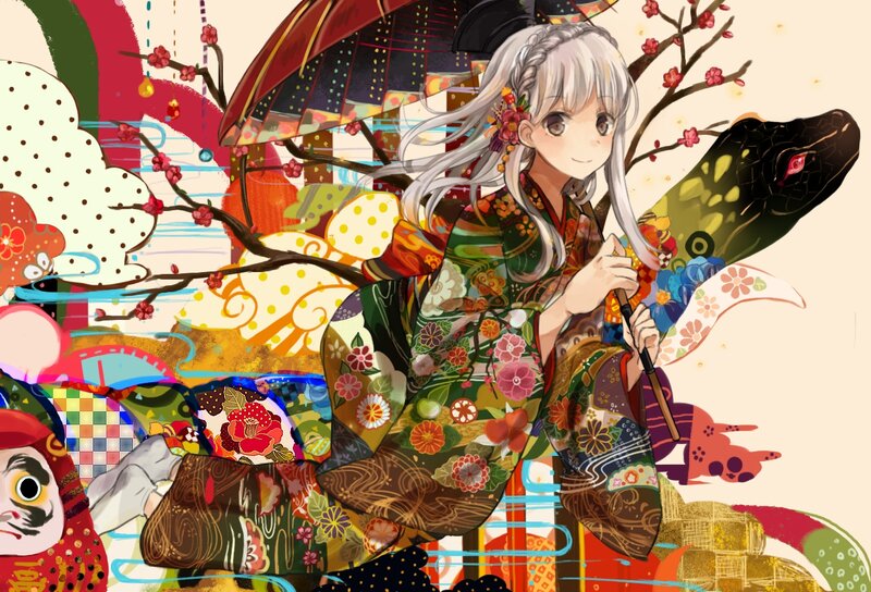 Silver-haired Girl in Kimono — Green