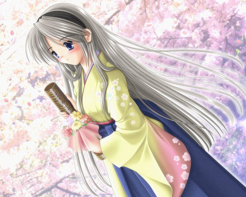 Silver-haired Girl in Kimono — Pink, Serene