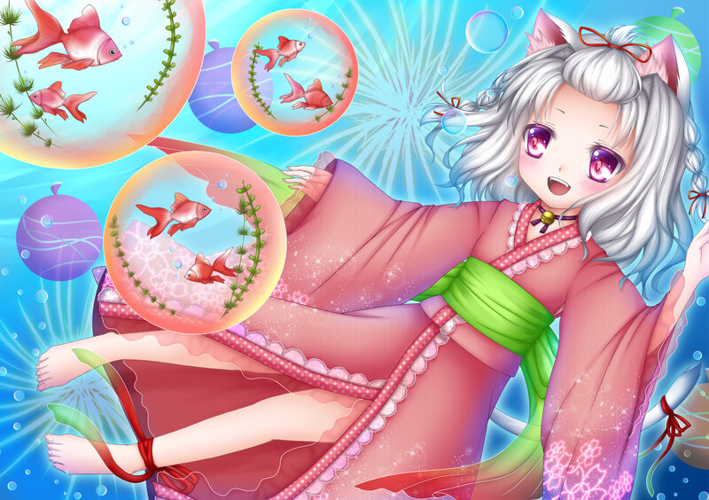 Silver-haired Girl in Kimono — Pink