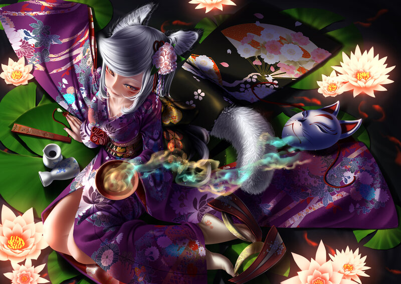 Silver-haired Girl in Kimono — Purple, Serene