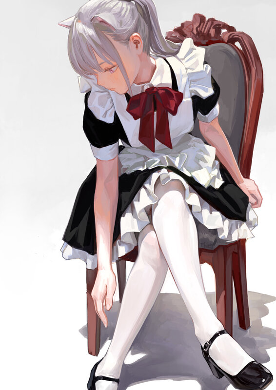 Silver-haired Girl in Maid Outfit — White, Melancholic