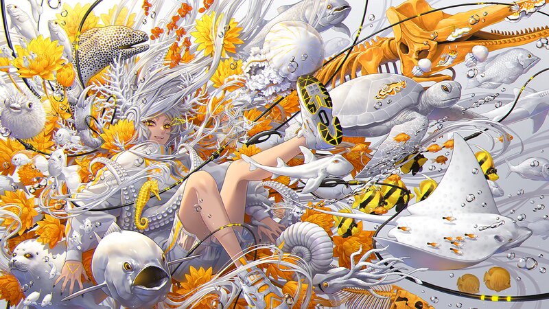 Silver-haired Girl in Ocean — White