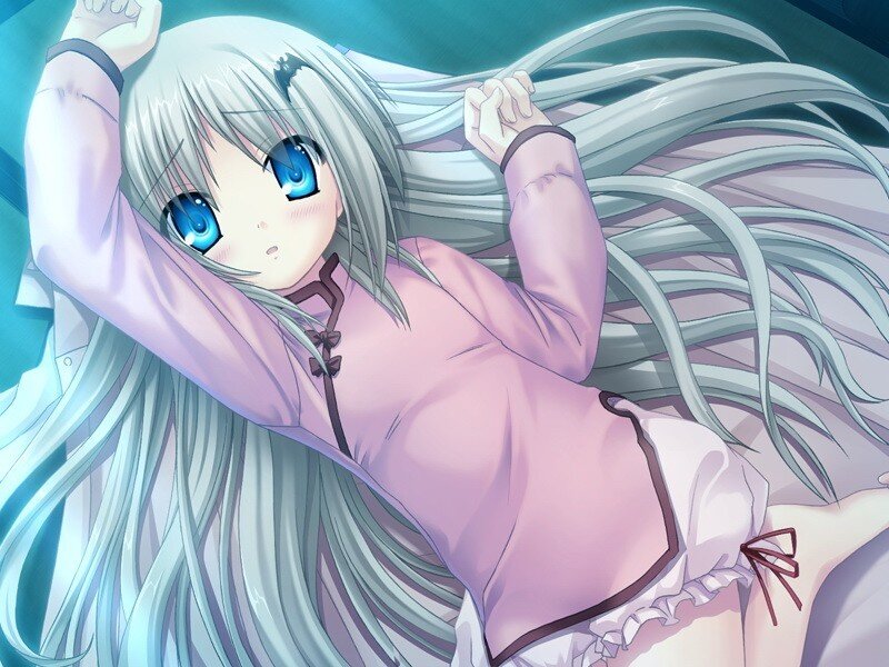 silver-haired girl in pink pajamas