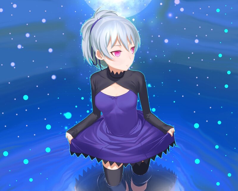 silver-haired girl in purple dress