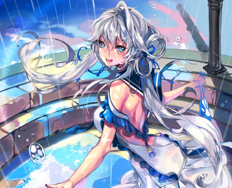 Silver-haired Girl in Rain — Blue