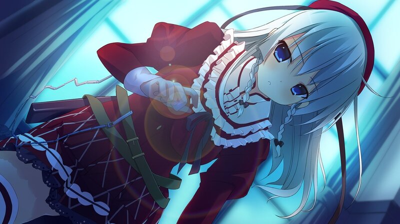 silver-haired girl in red dress