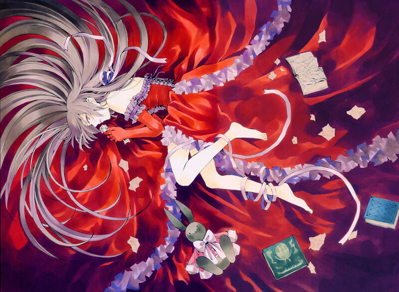 silver-haired girl in red dress