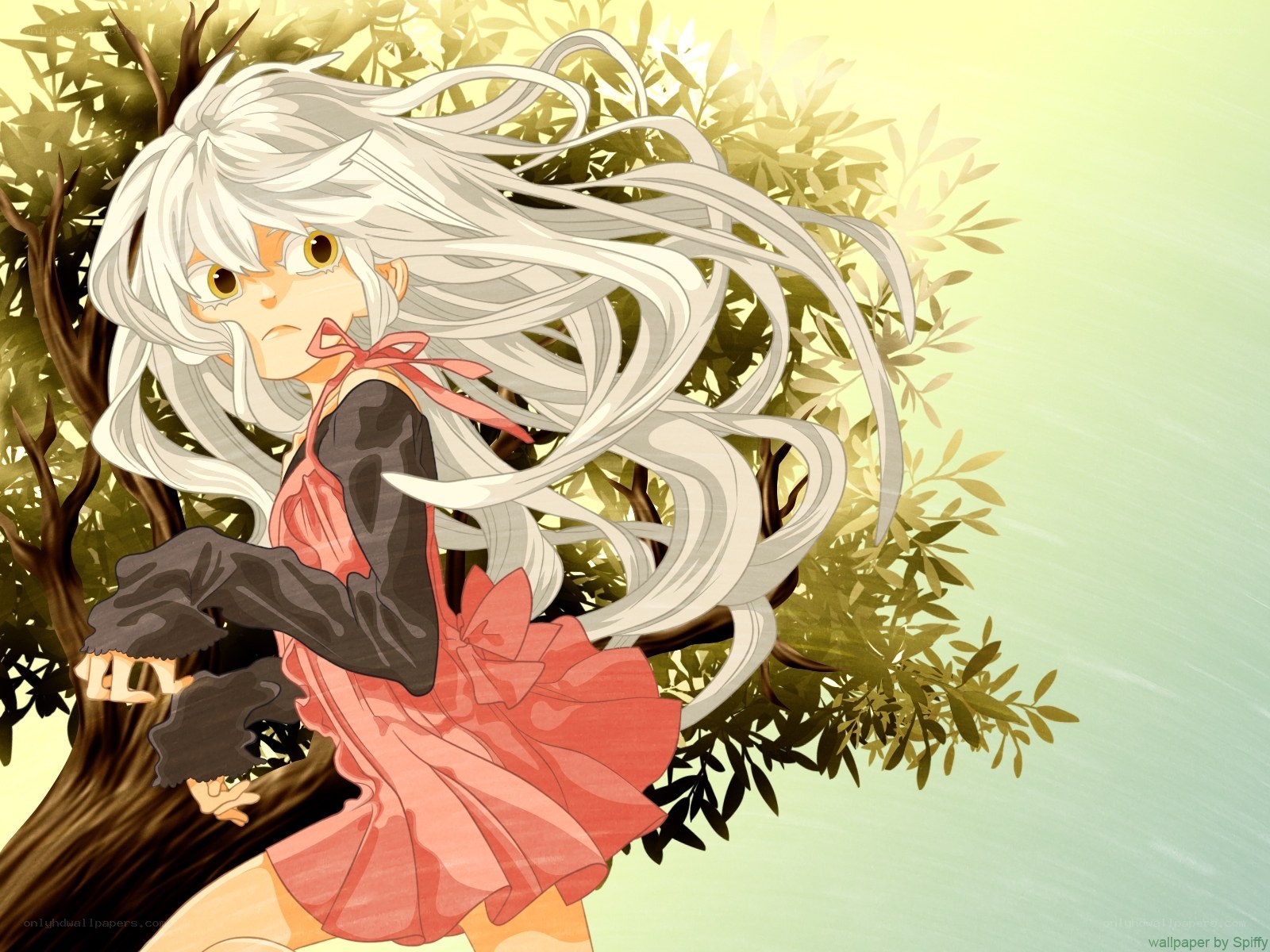 silver-haired girl in red dress