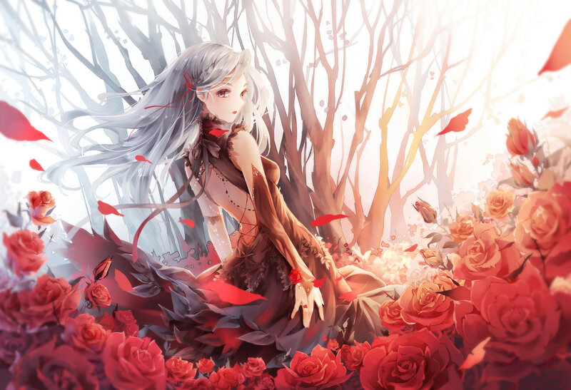 Silver-haired Girl in Roses