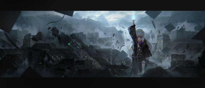 Silver-haired Girl in Ruins — Gray, Dramatic