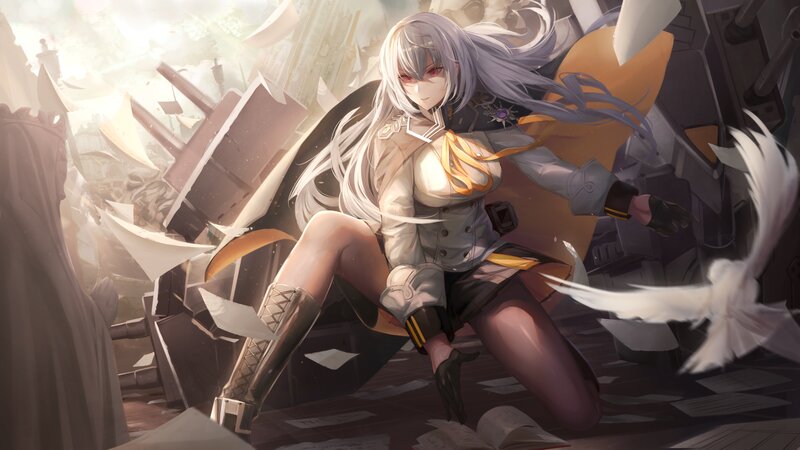 Silver-haired Girl in Uniform — Gray, Dramatic, Digital Art
