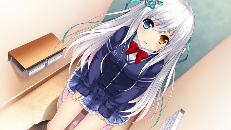 Silver-haired Girl in Uniform — White, Calm, Anime, School Uniform, Heterochromia