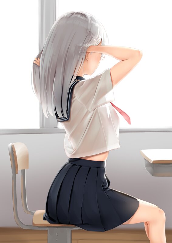 Silver-haired Girl in Uniform — White, Calm, Morning, Digital Art
