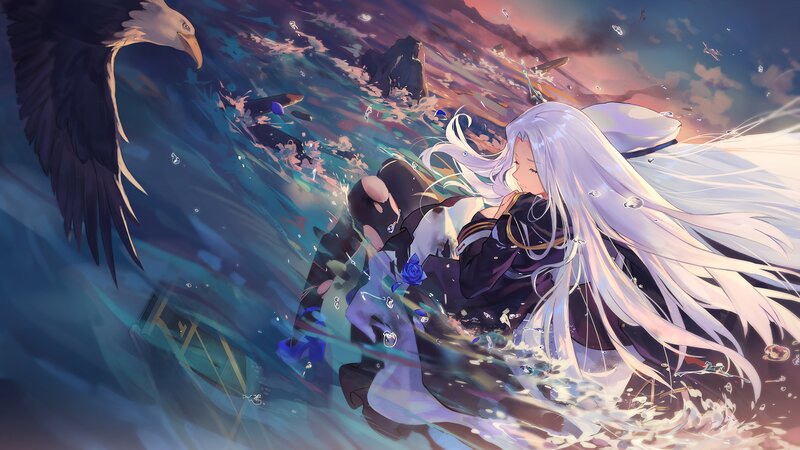 Silver-haired Girl in Water — Blue, Dramatic