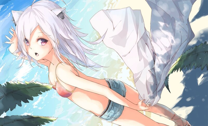 Silver-haired Girl in Water — Blue, Playful, Afternoon