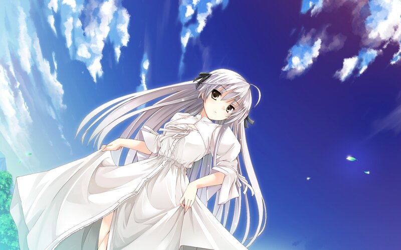 silver-haired girl in white dress